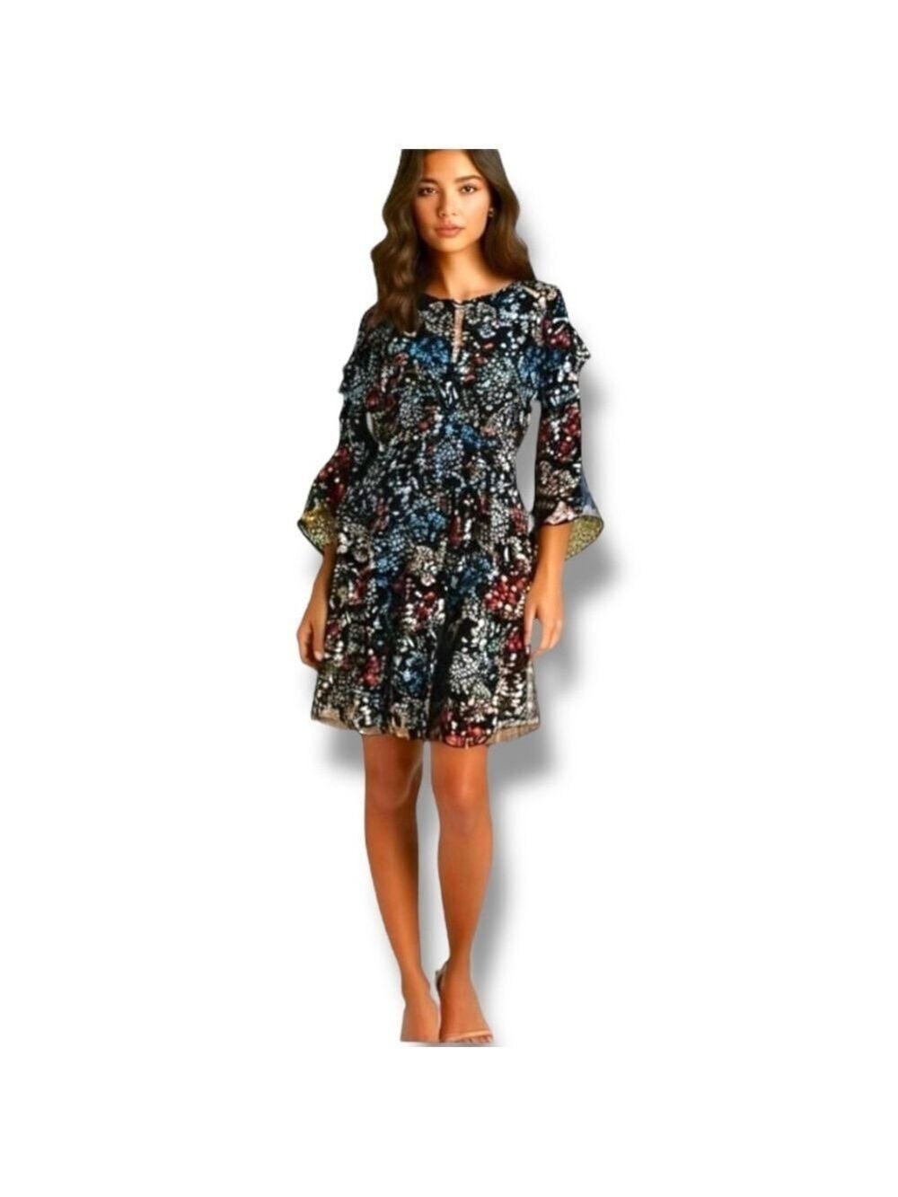 Walter Baker Floral Dress Women’s Size 6 Knee Length, 3/4 Ruffle Sleeves, Lined